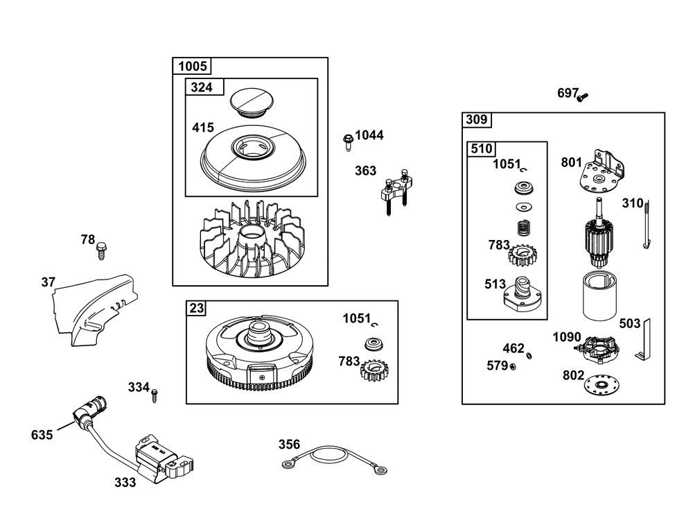 Flywheel, Ignition, And Starter Group Diagram and Parts List for 31R875-0038-B5  Briggs and Stratton Engine